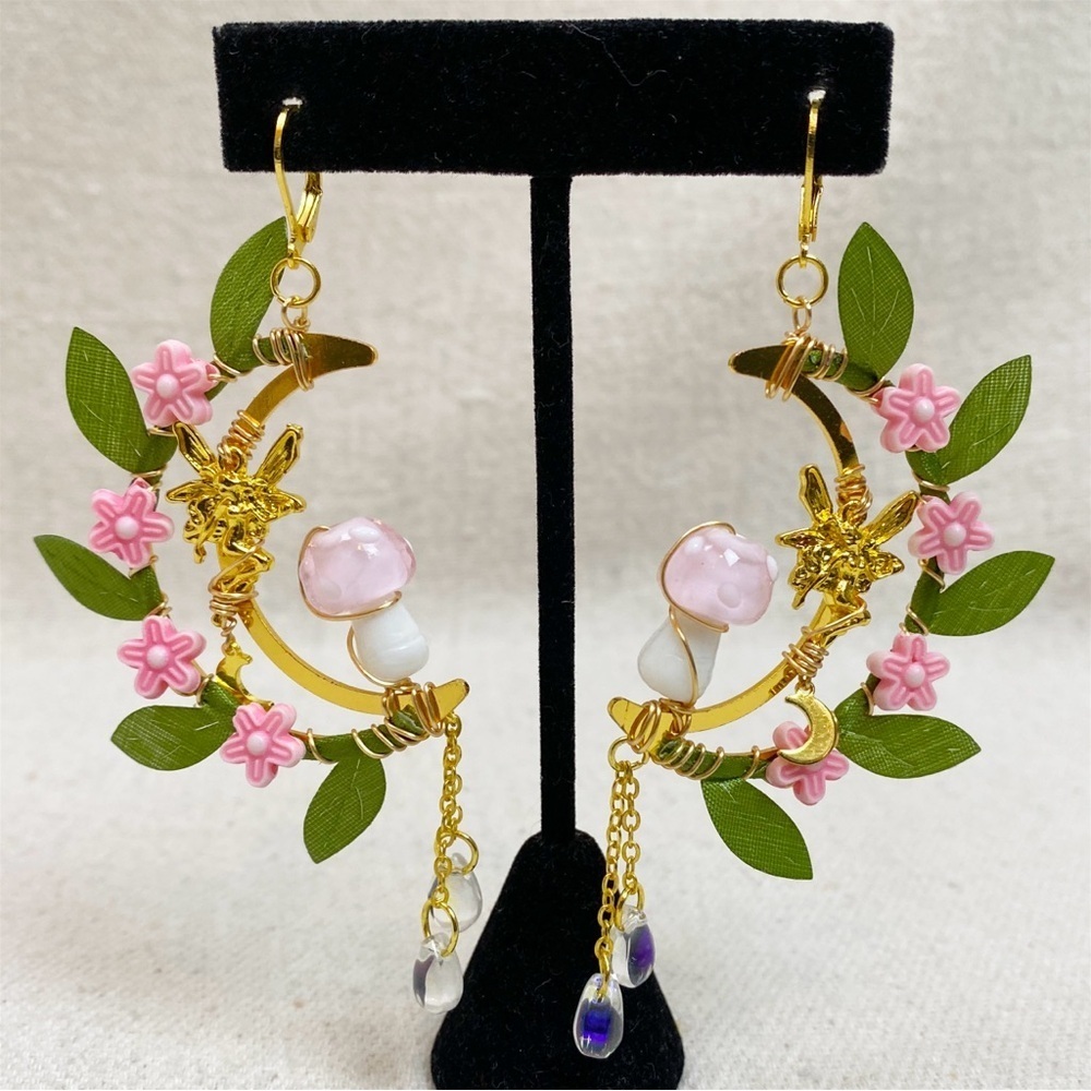 Floral Mushroom Crescent Moon Hoop Earrings with Gold Accents Fairy - Picture 2 of 3